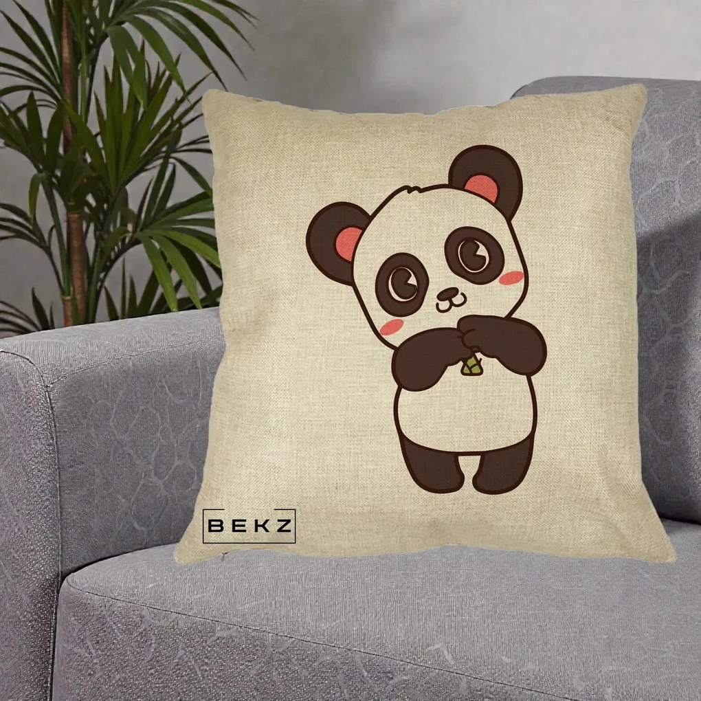 Perna Personalizata Panda Kawaii cu Bambus, 40x40 cm, Crem, Husa Detasabila, Perna Inclusa, BEKZ®