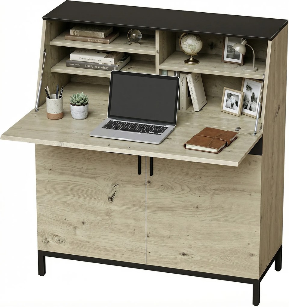HOMCOM Birou-secretar industrial cu rafturi și cadru metalic 100 cm lemn natural și negru | Aosom Romania