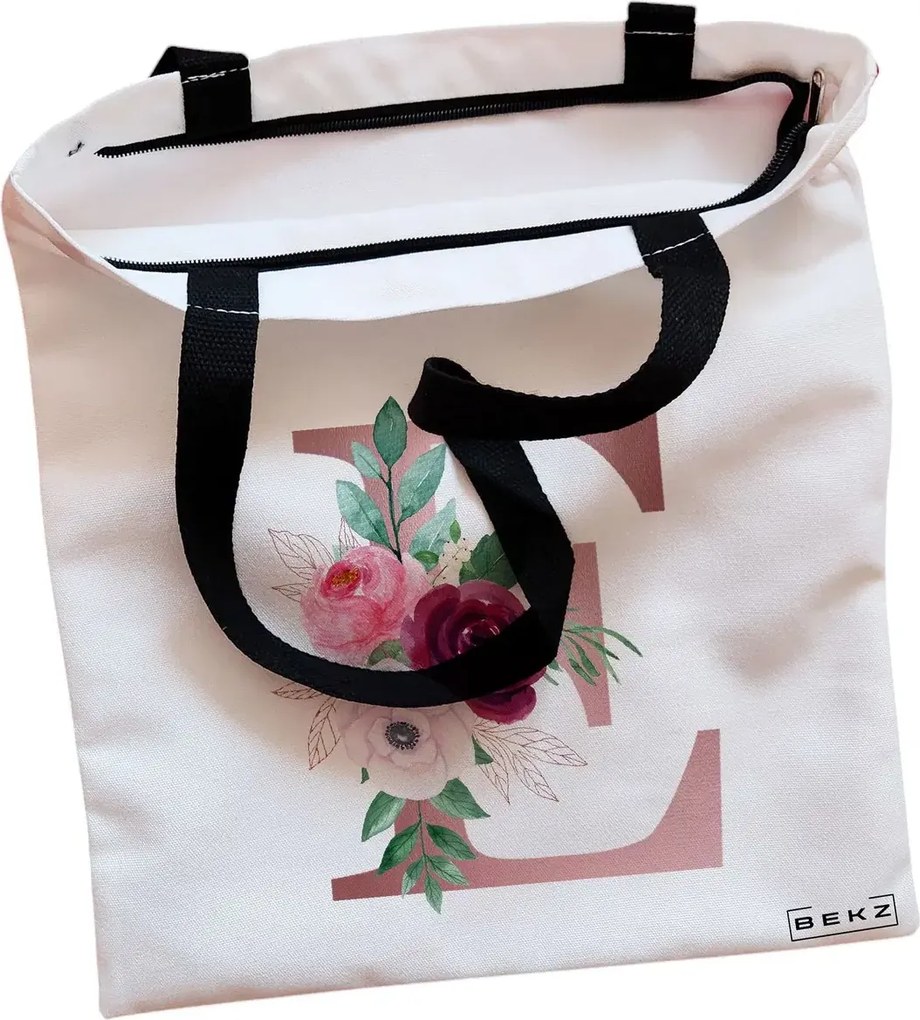 Sacosa de Panza pentru Cumparaturi, Geanta Tote, Cu litera E Rose Gold si Trandafiri, Cu fermoar, 38x34.5 cm, Alba, BEKZ®