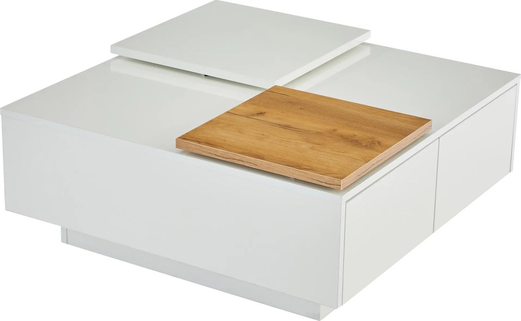 Măsuță de cafea modernă cu finisaj lucios, cu blaturi de masă glisante și 4 sertare, 75x75x33 cm, Alb