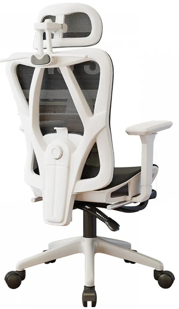 Scaun ergonomic cu suport lombar 4D, tetieră reglabilă 4D, cotiere 3D, pivotant 360°, suport pentru picioare, Mesh, Alb/Negru