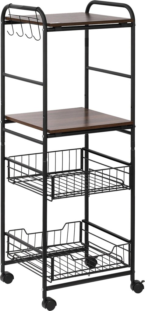 HOMCOM Cărucior Bucătărie cu 2 Coșuri Metalice Detașabile, Rafturi PAL, Cârlige Laterale, 40x38x111cm, Nuc | Aosom Romania