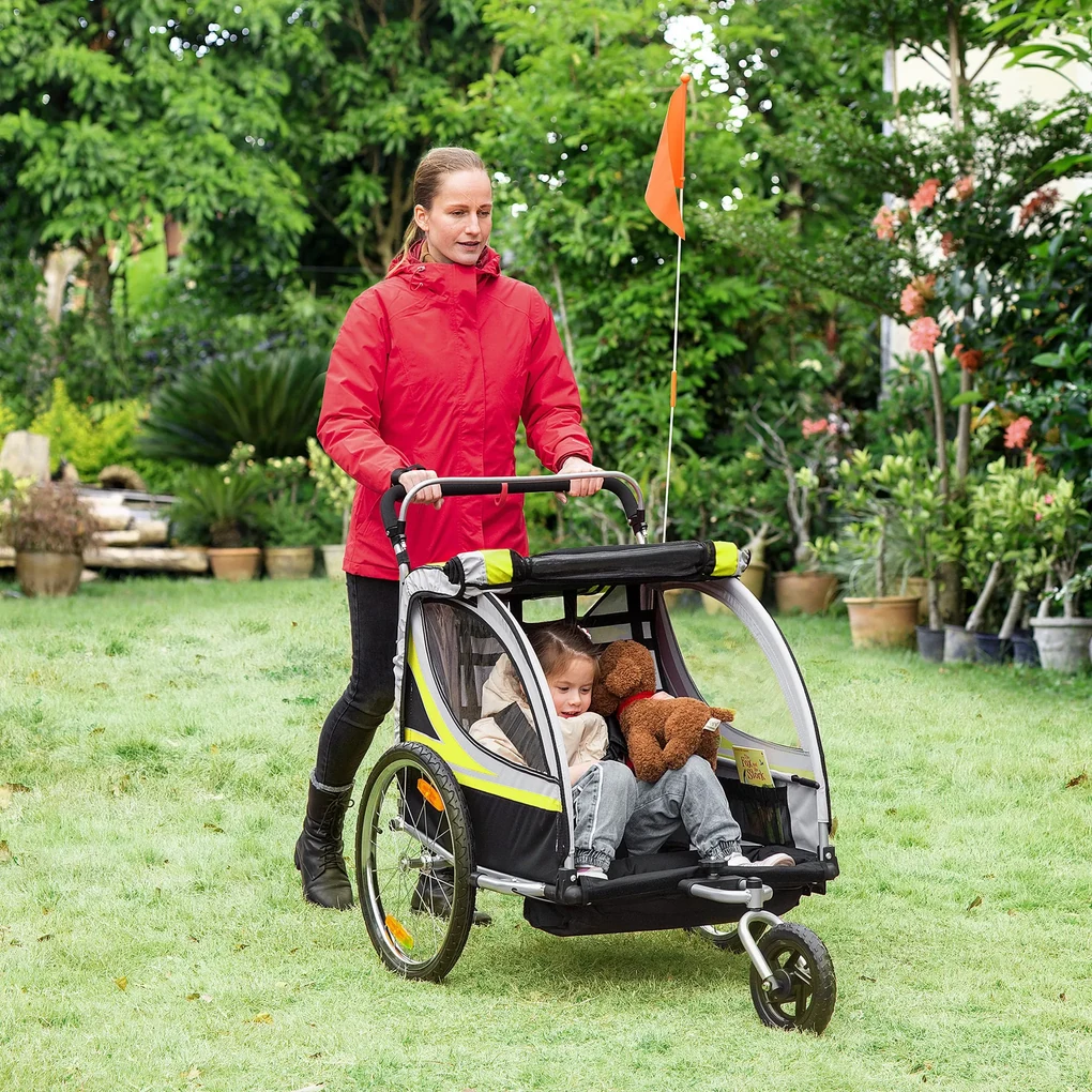 HOMCOM Remorca pentru bicicleta pentru copii 2 in 1, centura in 5 puncte, geanta de depozitare, reflector, steag, galben | Aosom Romania
