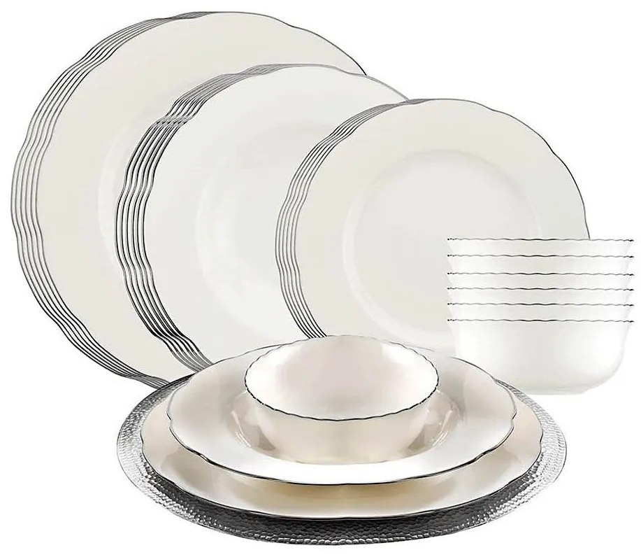 Set de masă, 24 piese, din porțelan, alb/argintiu