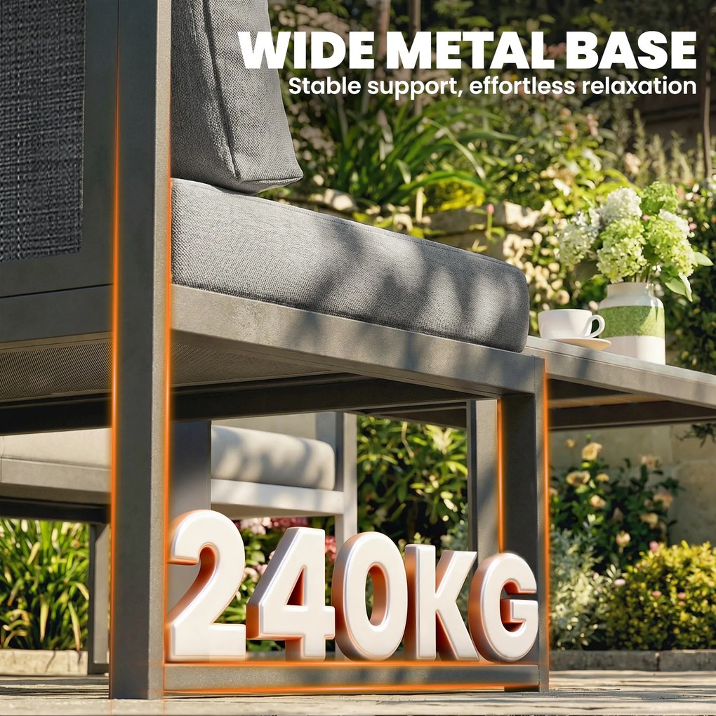 Outsunny Set canapea colțar de grădină din metal, 3 fotolii, măsuță cu efect lemn, gri închis | Aosom Romania