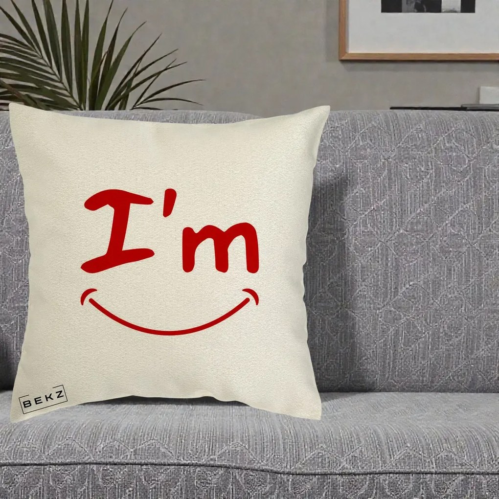 Perna Decorativa I'm Happy Smile, 40x40 cm, Ecru, Husa Detasabila, Perna Inclusa, BEKZ®