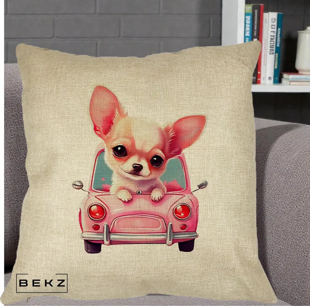 Perna Decorativa Chihuahua Roz in Masinuta, 40x40 cm, Crem, Husa Detasabila, Perna Inclusa, BEKZ®