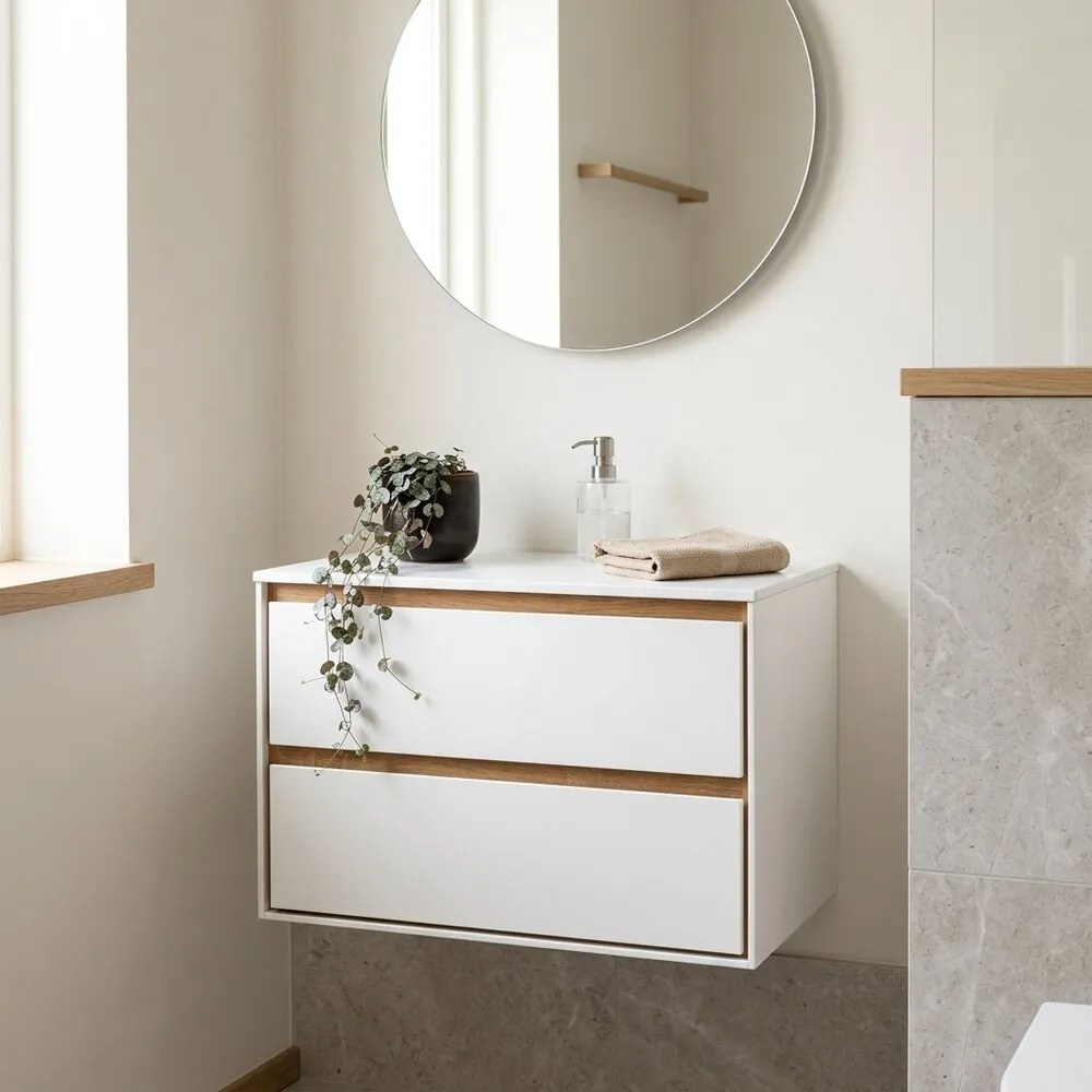 Dulap baza suspendat Rune Dagaz 2 sertare 79 cm alb-lemn lucios