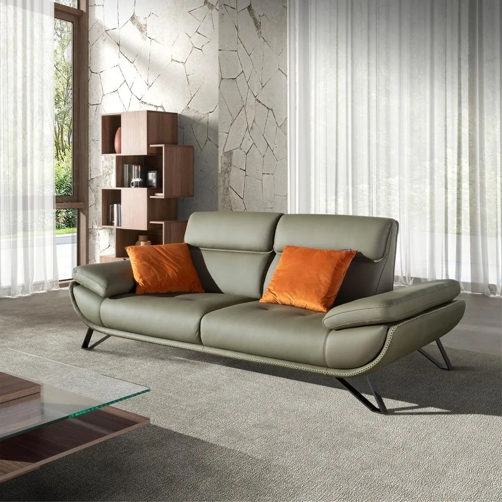 Canapea 3 locuri, tapitata cu piele naturala, spatar rabatabil Verde masliniu