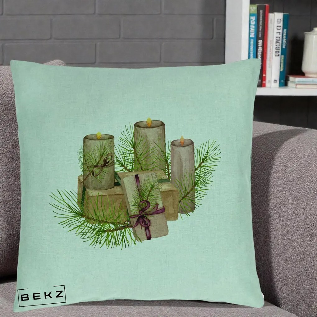 Perna Decorativa Lumanari cu Cadouri Naturale, 40x40 cm, Verde Menta, Husa Detasabila, Perna Inclusa, BEKZ®