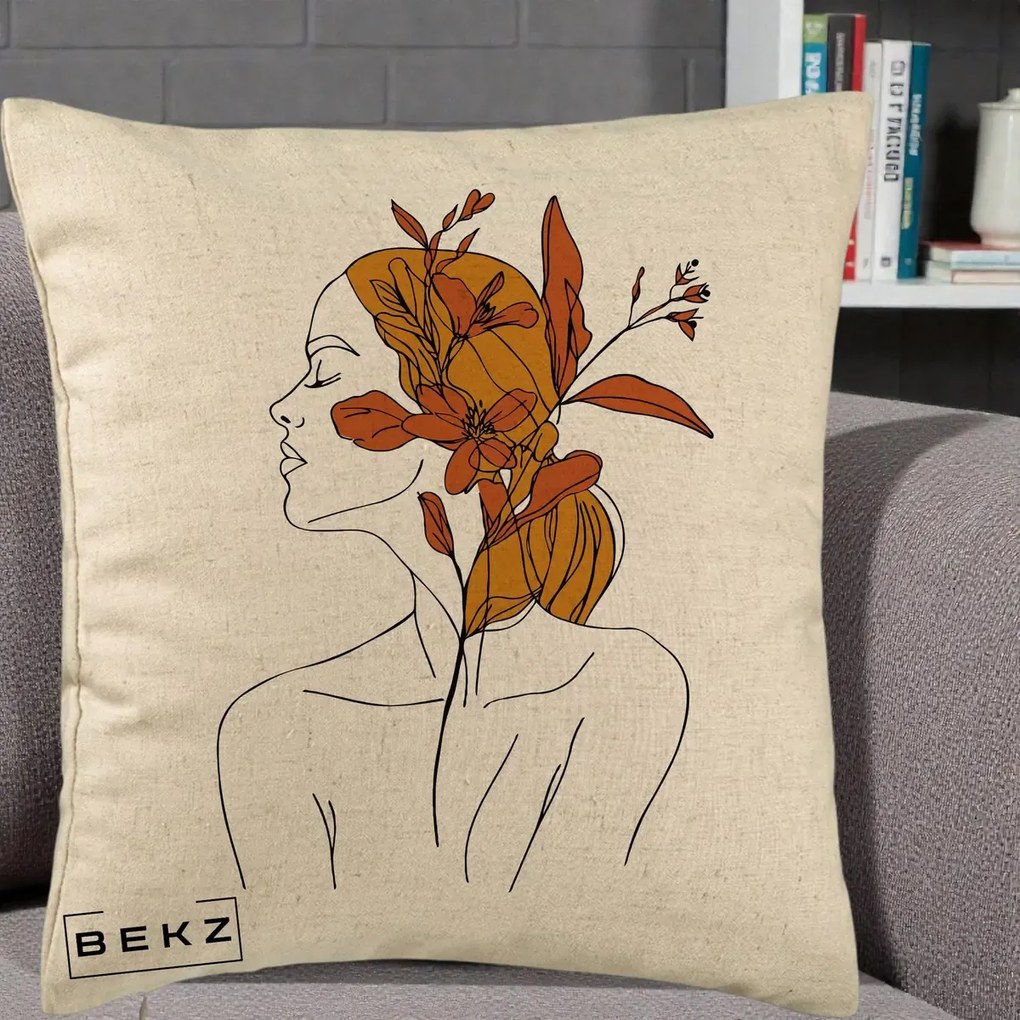 Perna Decorativa Portret Feminin Crin Ruginiu Auriu, 40x40 cm, Bej, Husa Detasabila, Perna Inclusa, BEKZ®