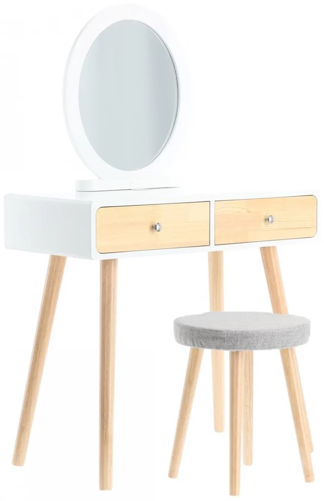 Set ELISSA – Masă de Toaletă pentru Machiaj, Oglinda, 2 sertare, Scaun, Alb/Lemn