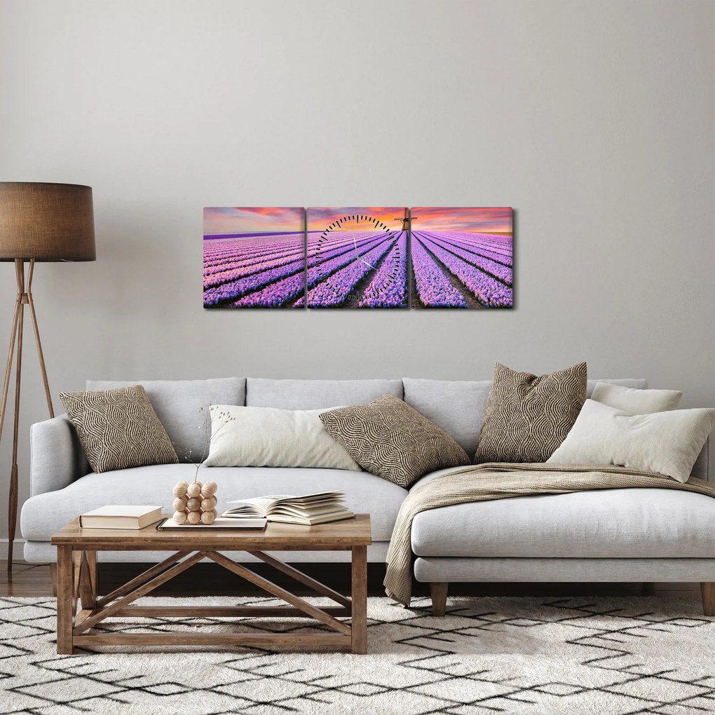 Tablou - ferma cu flori (cu ceas) (90x30 cm)