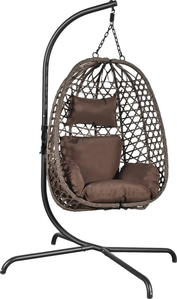 Fotoliu leagan suspendat, cu perne moi, cos pliabil, rezistente la UV, împletitură PE ratan, structură metalică, pentru interior și exterior, Maro