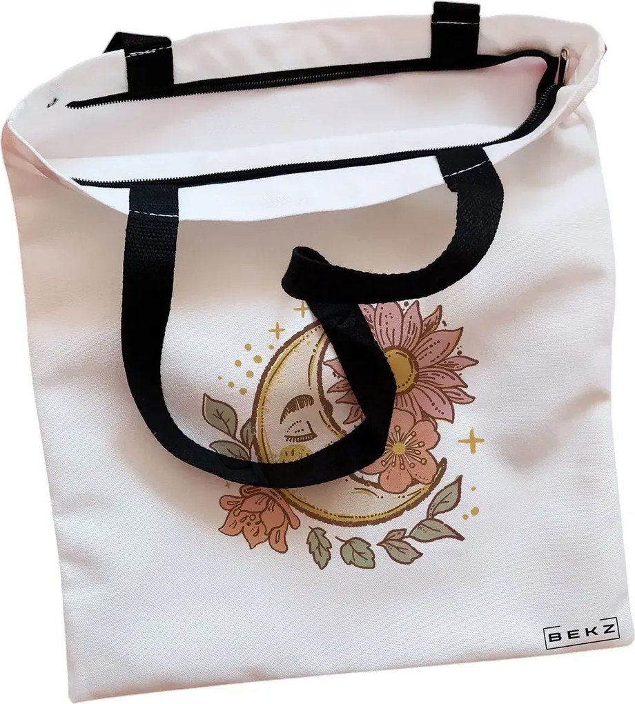 Sacosa de Panza pentru Cumparaturi, Geanta Tote, Moon Flowers, Cu fermoar, 38x34.5 cm, Alba, BEKZ®