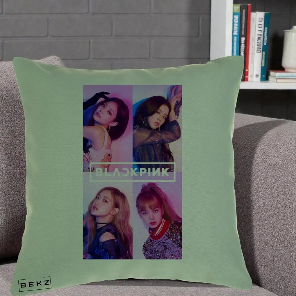 Perna Personalizata K-pop BLACKPINK Poster Colaj 4 Membre Violet Roz, 40x40 cm, Verde, Husa Detasabila, Perna Inclusa, BEKZ®