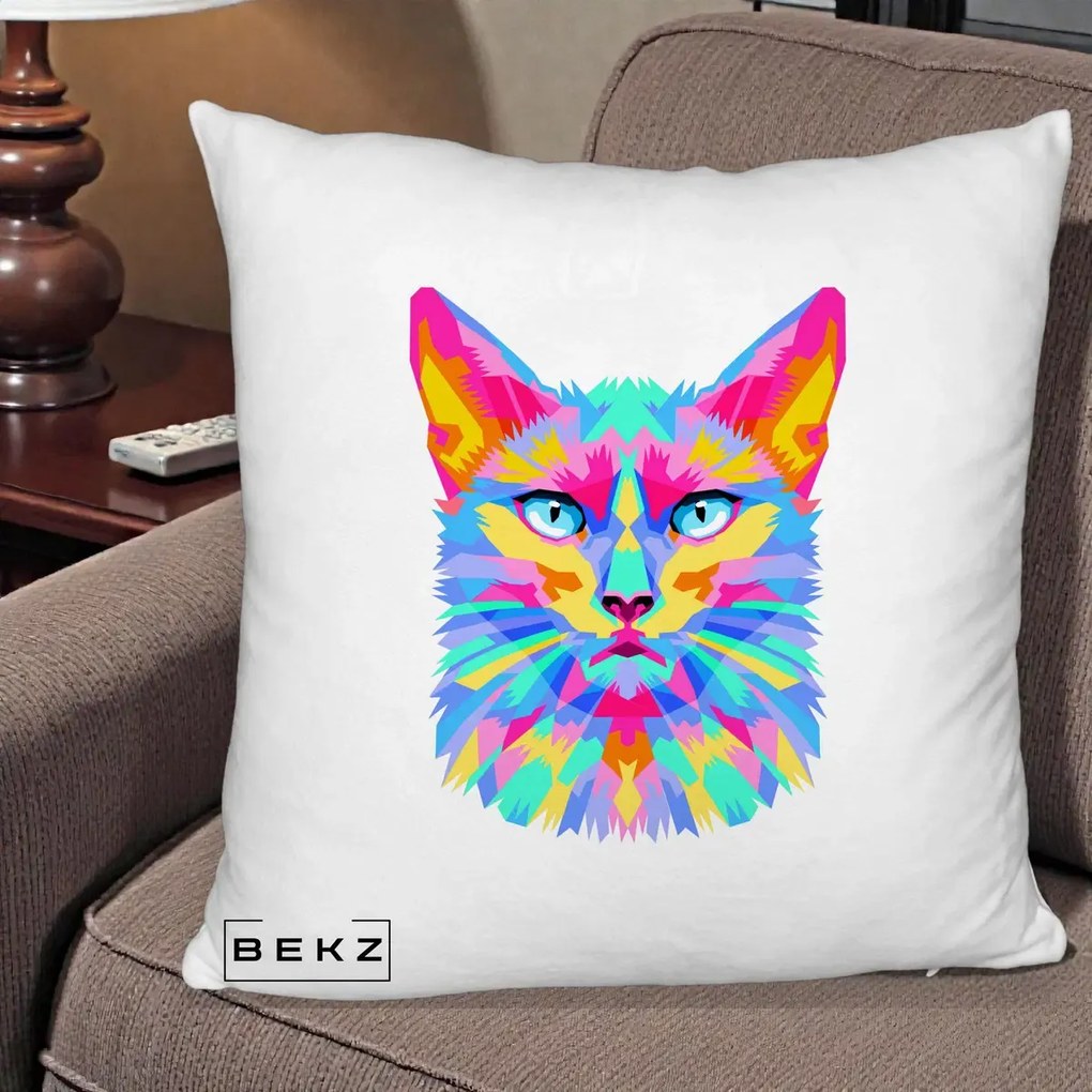 Perna decorativa Pisica Pop Art Multicolor, 40x40 cm cu Umplutura, Alb Pufos, BEKZ