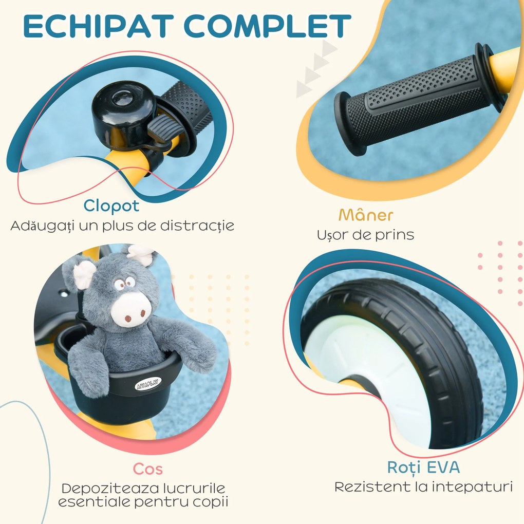 AIYAPLAY Tricicletă pentru Copii 2-5 Ani cu Scaun Reglabil și Coș Galben | Aosom Romania