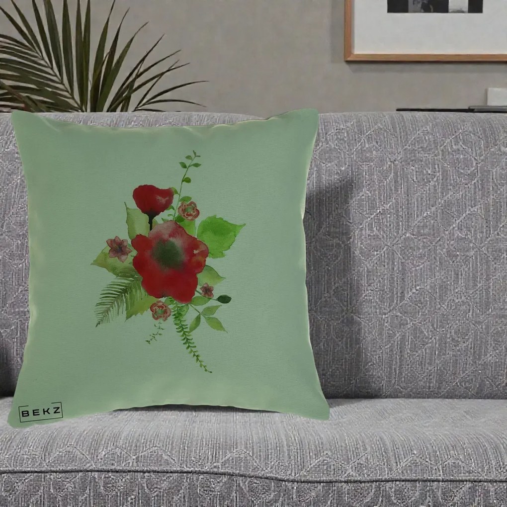 Perna Decorativa Buchet Rosu Acuarela, 40x40 cm, Verde, Husa Detasabila, Perna Inclusa, BEKZ®