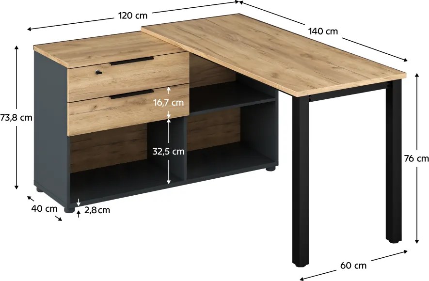 Birou de colţ pentru PC, grafit/stejar artisan, KLAUDIUS TIP 8
