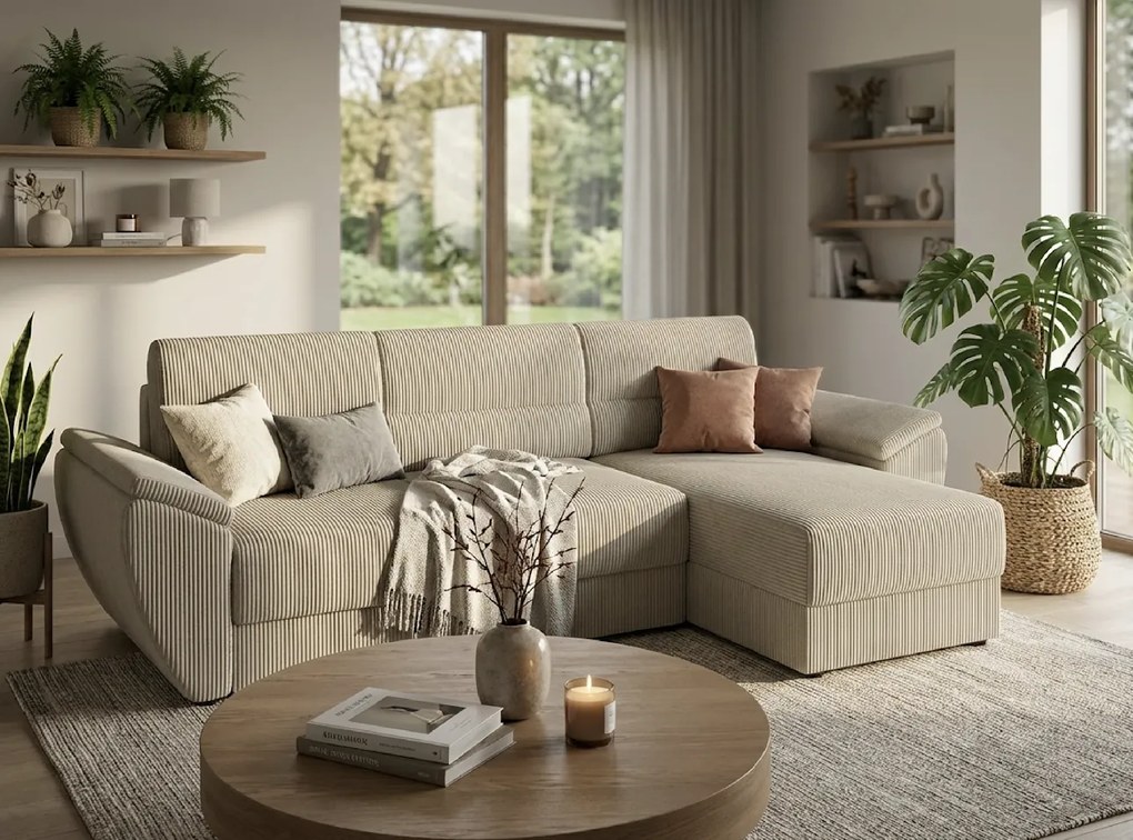 Canapea extensibila de colt reversibila in forma L TAVERO 251x140 cm, bej deschis