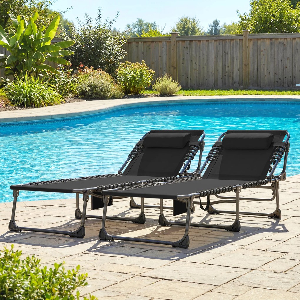Outsunny Set de 2 Șezlonguri de Grădină Pliabile, Reglabile pe 5 Niveluri, cu Perne, Șezlonguri Textilenă cu Buzunar Lateral, Mâner, pentru Plajă, Piscină, 57x200x38 cm, Negru | Aosom Romania