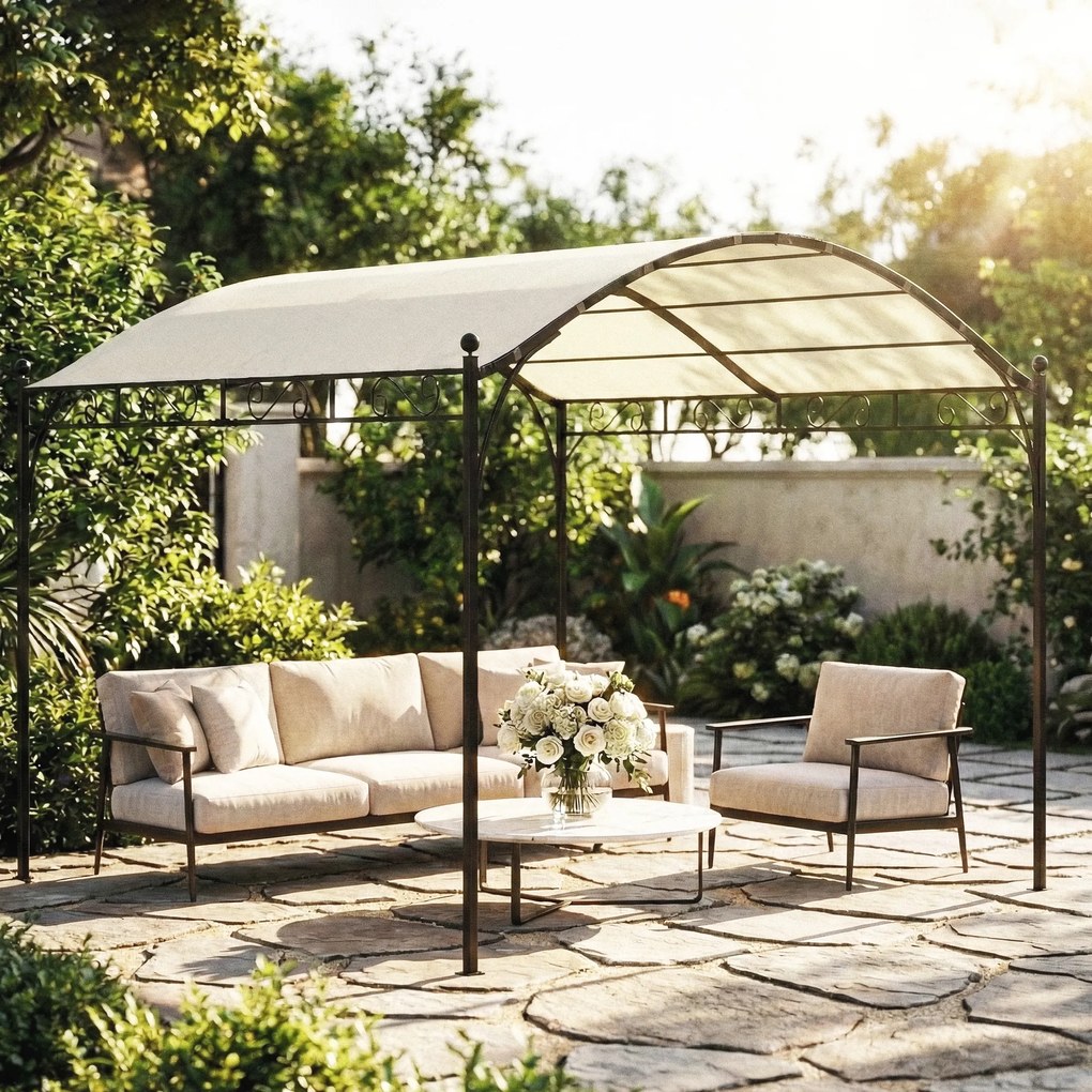 Outsunny Pergolă 3x3m cu Acoperiș Arcuit, Gazebo din Metal și Poliester 180g/m² cu Șuruburi, pentru Exterior, Terasă și Grădină, Protecție UV30+, Alb Crem | Aosom Romania