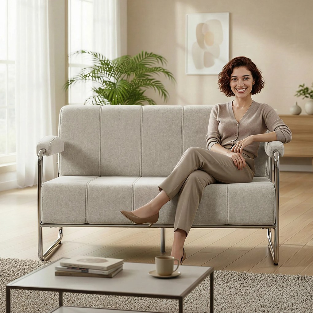 HOMCOM Canapea cu 2 Locuri Tapițată în Chenille cu Cusături Duble, Canapea Modernă cu Brațe și Picioare din Oțel, pentru Living, Birou și Dormitor, 120x73x76 cm, Bej | Aosom Romania