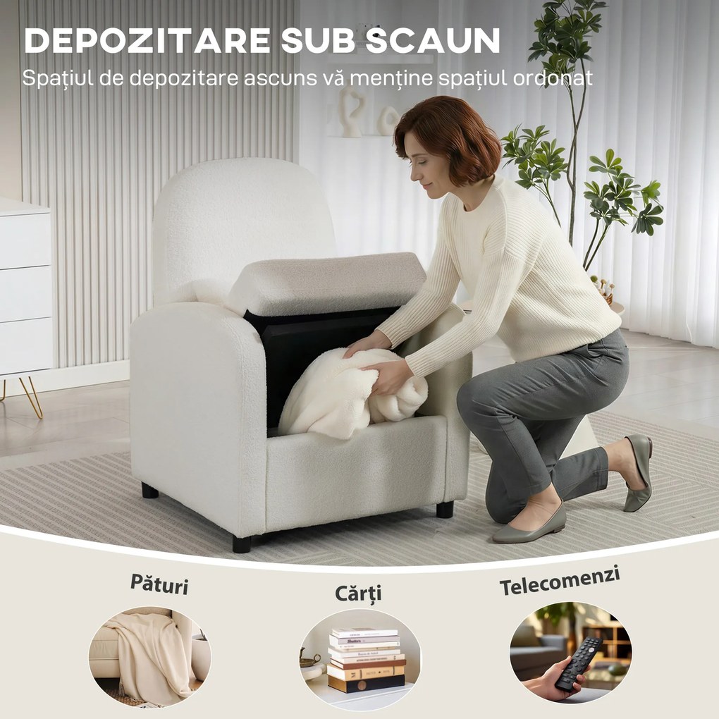 HOMCOM Fotoliu Tapițat cu Spațiu Ascuns, Spătar Înalt, Fotoliu Modern cu Brațe și Pernă Lombară, Material Teddy, pentru Dormitor și Sufragerie, Crem | Aosom Romania