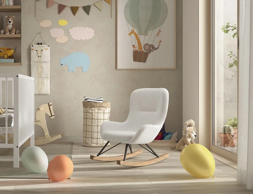 Mini balansoar pentru copii ROCKY, alb, cu tapițerie bouclé, confortabil și decorativ – Vipack