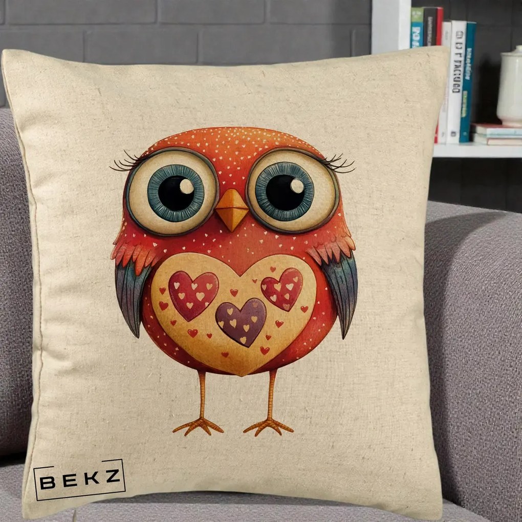 Perna Decorativa Bufnita Rosie cu Inimi Aurii, 40x40 cm, Bej, Husa Detasabila, Perna Inclusa, BEKZ®