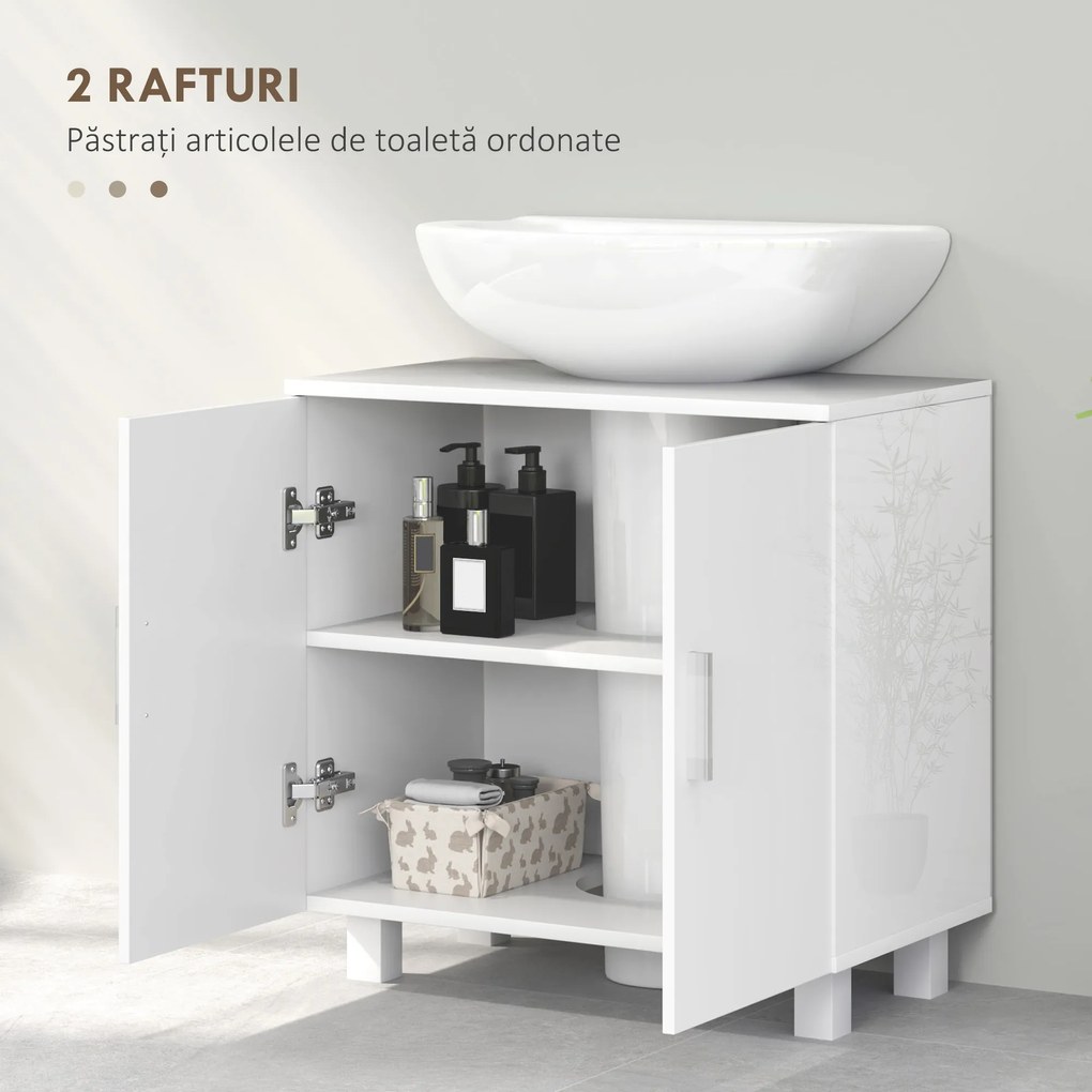 HOMCOM Dulap Baie Sub Chiuvetă, cu 2 Uși, Raft Central, Mâner și Picioare Antiderapante, 60x35x60 cm, Alb Lucios | Aosom Romania