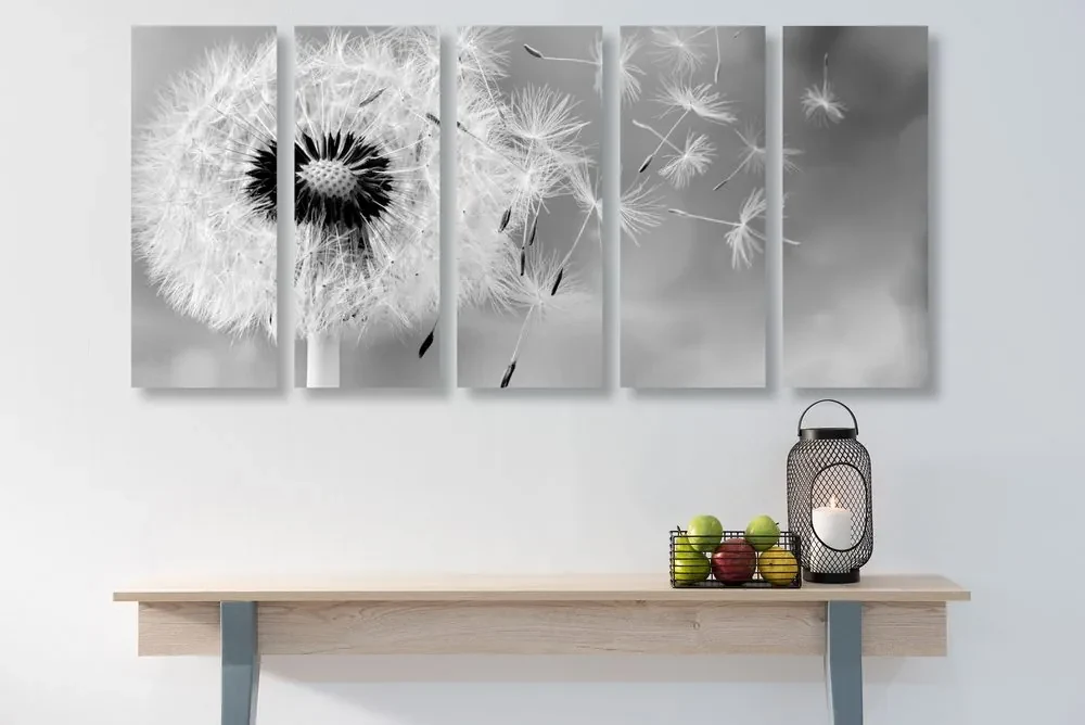 Tablou 5-piese păpădie magică în design alb-negru