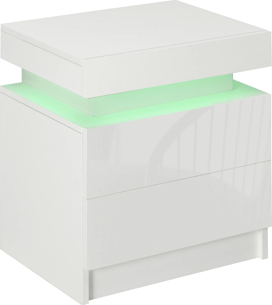 Noptiera alba HOMCOM cu lumina LED RGB, noptiera frontala lucioasa cu 2 sertare, pentru camera de zi, dormitor | Aosom RO