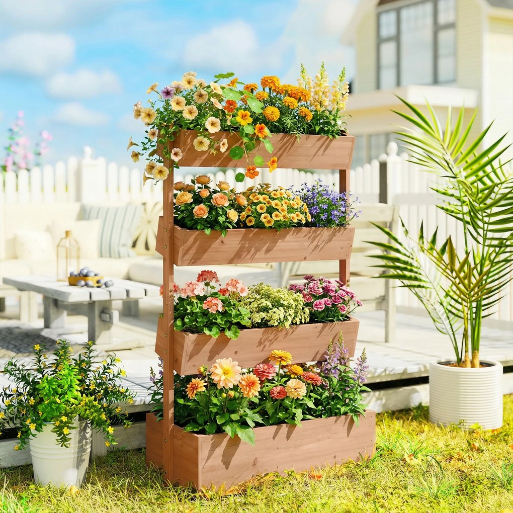 Outsunny Jardinieră Verticală înălțată pe 4 Niveluri, din Lemn pentru Exterior, cu Orificii de Drenaj și Căptușeală Textilă, pentru Plante Aromatice, Flori și Legume, 85x45x140 cm, Maro | Aosom Romania