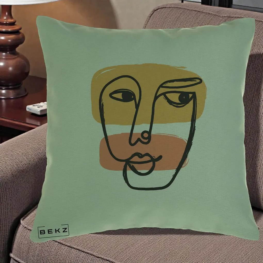 Perna Decorativa Portret Abstract Line Art Portocaliu, 40x40 cm, Verde, Husa Detasabila, Perna Inclusa, BEKZ®