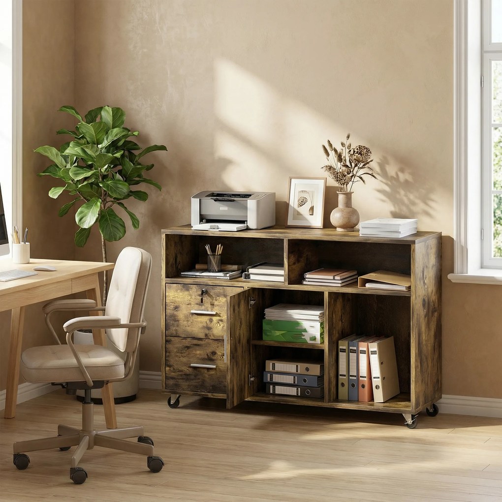 HOMCOM Dulap pentru Imprimantă pe Roți cu 2 Sertare, Încuietoare cu Cheie, 3 Rafturi și Dulap, pentru Documente de Birou și Studiu, 100x35x65 cm, Maro Rustic | Aosom Romania