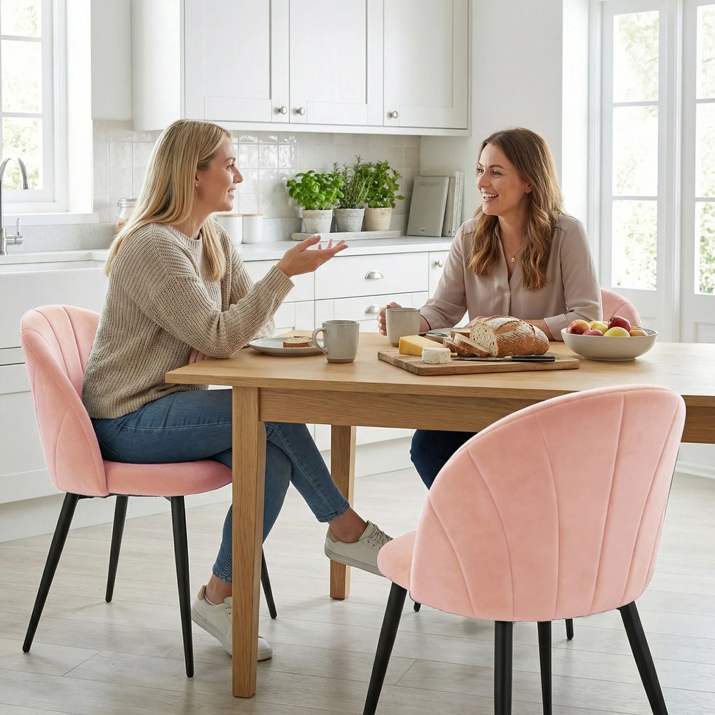 HOMCOM Set de 2 Scaune de Sufragerie din Catifea, Scaune Bucătărie cu Spătar Curbat în Formă de Scoică, Picioare din Oțel, Stil Nordic, Scaun Tapițat pentru Bucătărie, Dormitor, Cameră de Zi, Roz | Aosom Romania