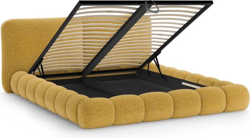 Pat matrimonial galben muștar tapițat cu spațiu de depozitare cu somieră 200x200 cm Solange – Micadoni