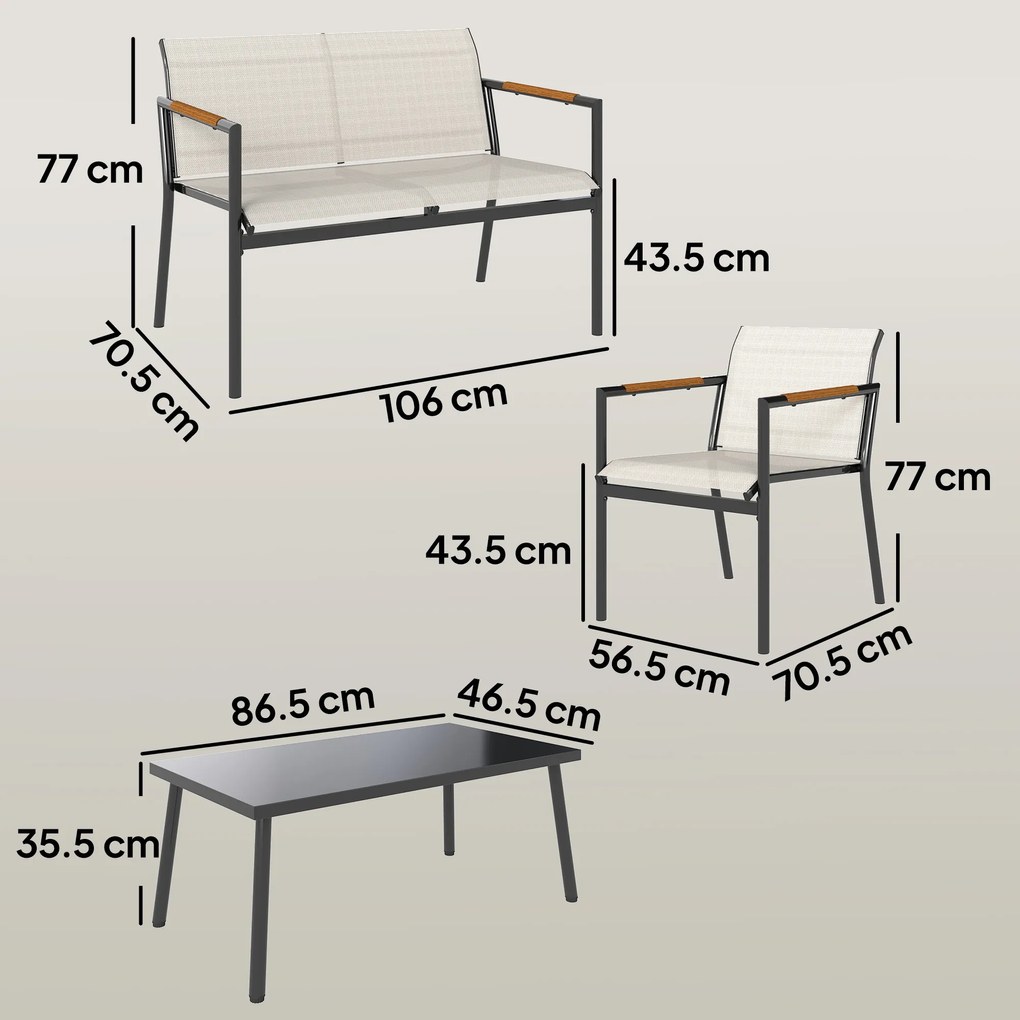 Outsunny Set mobilier de grădină pentru 4 persoane, lounge respirabil cu canapea 2 locuri, 2 fotolii, masă metalică, piciorușe de protecție | Aosom Romania