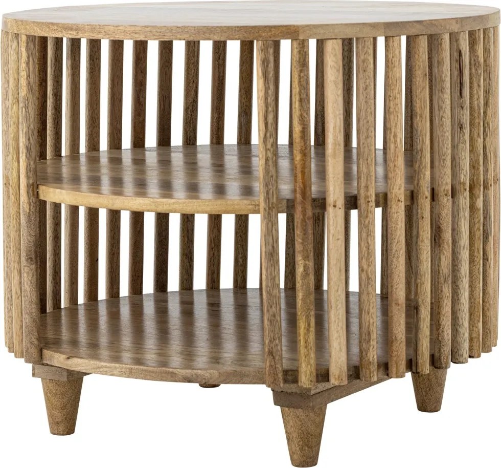 Măsuță de cafea din lemn de mango, rotundă, cu structură din lamele verticale și 2 rafturi inferioare, natur, finisaj lăcuit, 60×50 cm, „Sali"