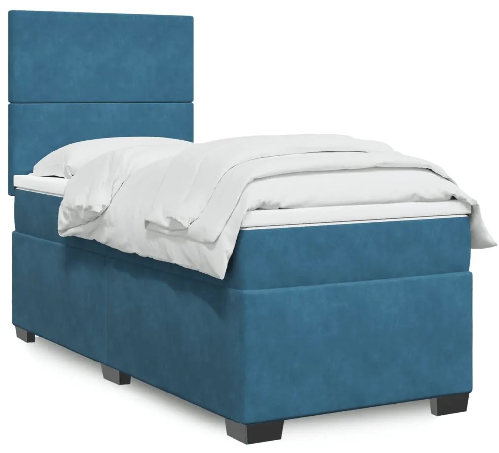vidaXL Pat box spring cu saltea, albastru, 90x190 cm, catifea