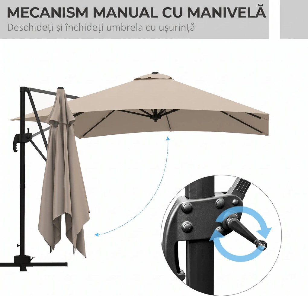 Outsunny Umbrelă de Soare cu 8 Lamele cu Pedală și Manivelă, Umbrelă de Soare din Aluminiu și Poliester, 295x295x266 cm, Kaki | Aosom Romania