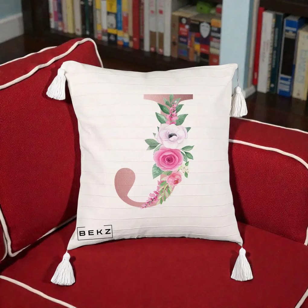 Cadou Personalizat - Perna Personalizata Monograma Rose Gold Litera J, 40x40 cm, Bej cu Franjuri, Husa Detasabila, Perna Inclusa, BEKZ®