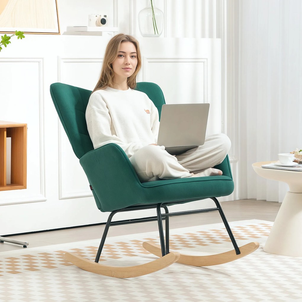 HOMCOM Fotoliu cu leagăn rocking chair acoperiș din catifea structură din oțel 71 x 98 x 101 cm Verde | Aosom Romania