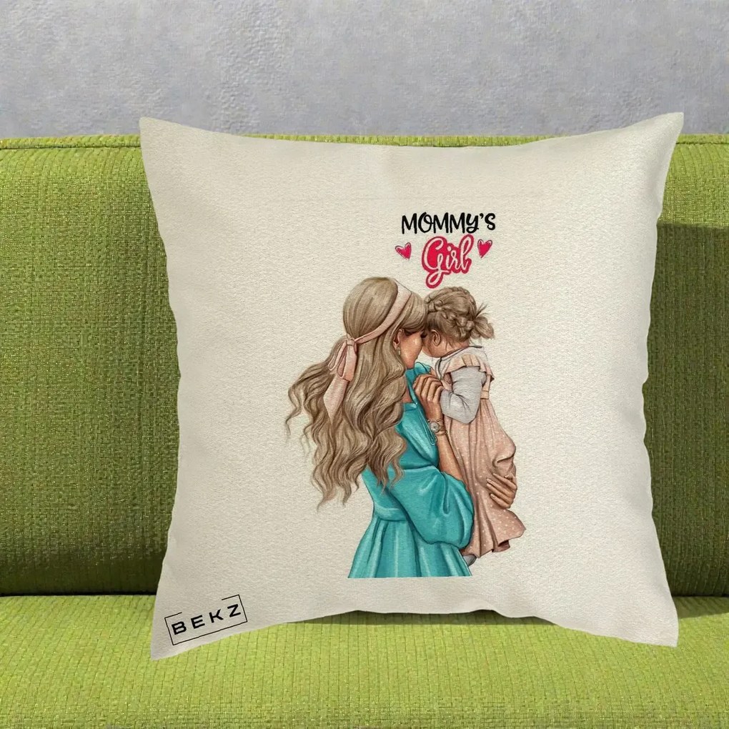 Cadou pentru Mama - Perna Personalizata Mommy's Girl Mama si Fetita, 40x40 cm, Ecru, Husa Detasabila, Perna Inclusa, BEKZ®