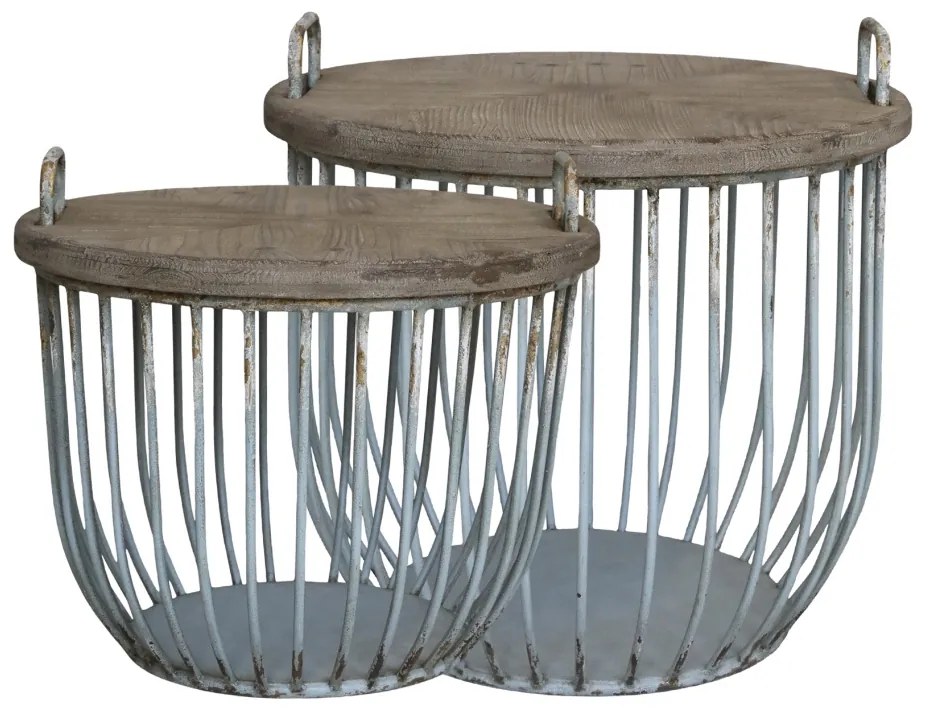 Set 2 măsuțe de cafea din lemn de chiparos și metal, aspect vintage