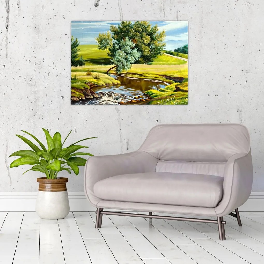Tablou pe sticlă - Râu între câmpii, pictură în ulei (70x50 cm)