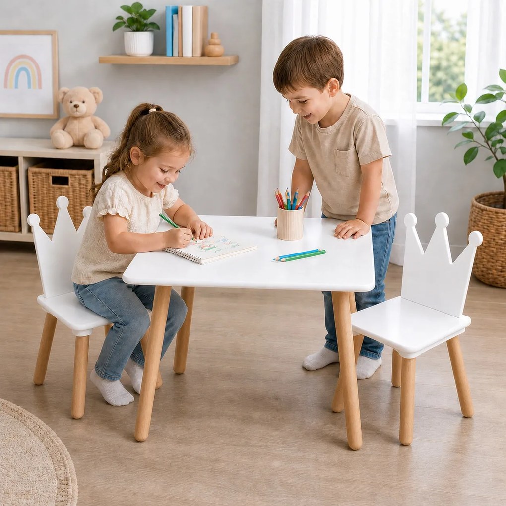 Set Masa si 2 Scaune Suporto pentru Copii din Lemn MDF, Model Print si Printesa, Scaun in Forma de Coronita, Varsta 3-6 Ani, cu Margini Rotunjite, Alb