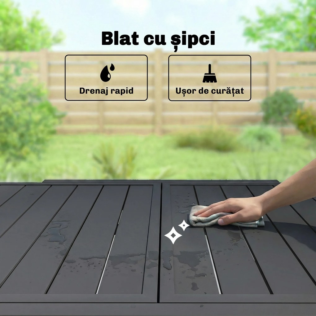 Outsunny Masă de Bucătărie Extensibilă pentru Terasă, 4-6 Persoane, 80-160 cm Masă Extensibilă din Aluminiu cu Blat din Lamele, Negru | Aosom Romania